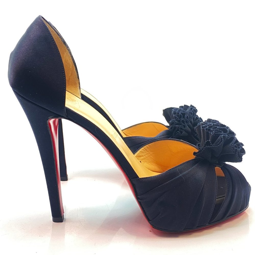 Christian Louboutin Atrapala 120 Pom-Pom Crepe Satin Black Heels 38.5